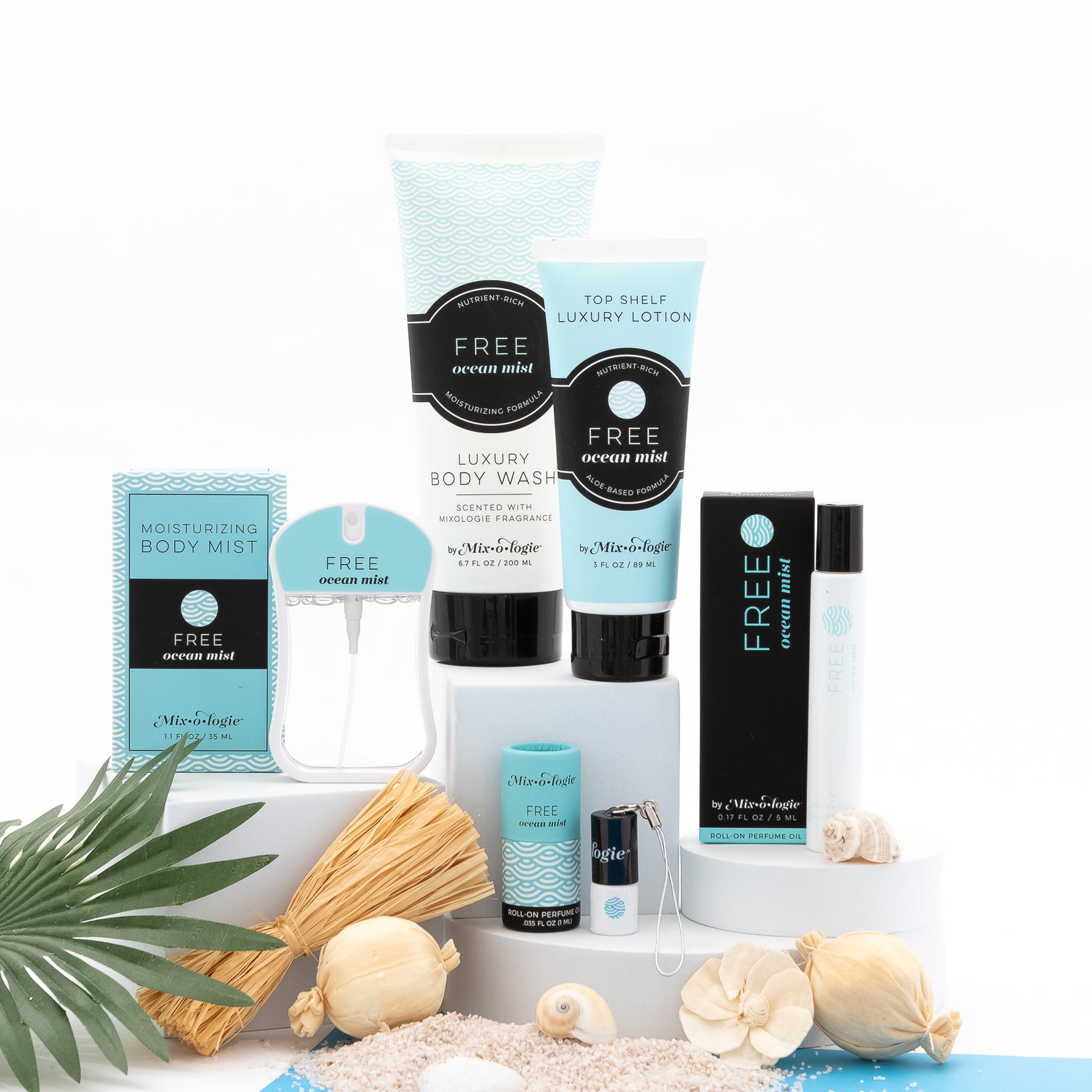 Free (ocean mist) scented products all together with beach vibes seashells and palm