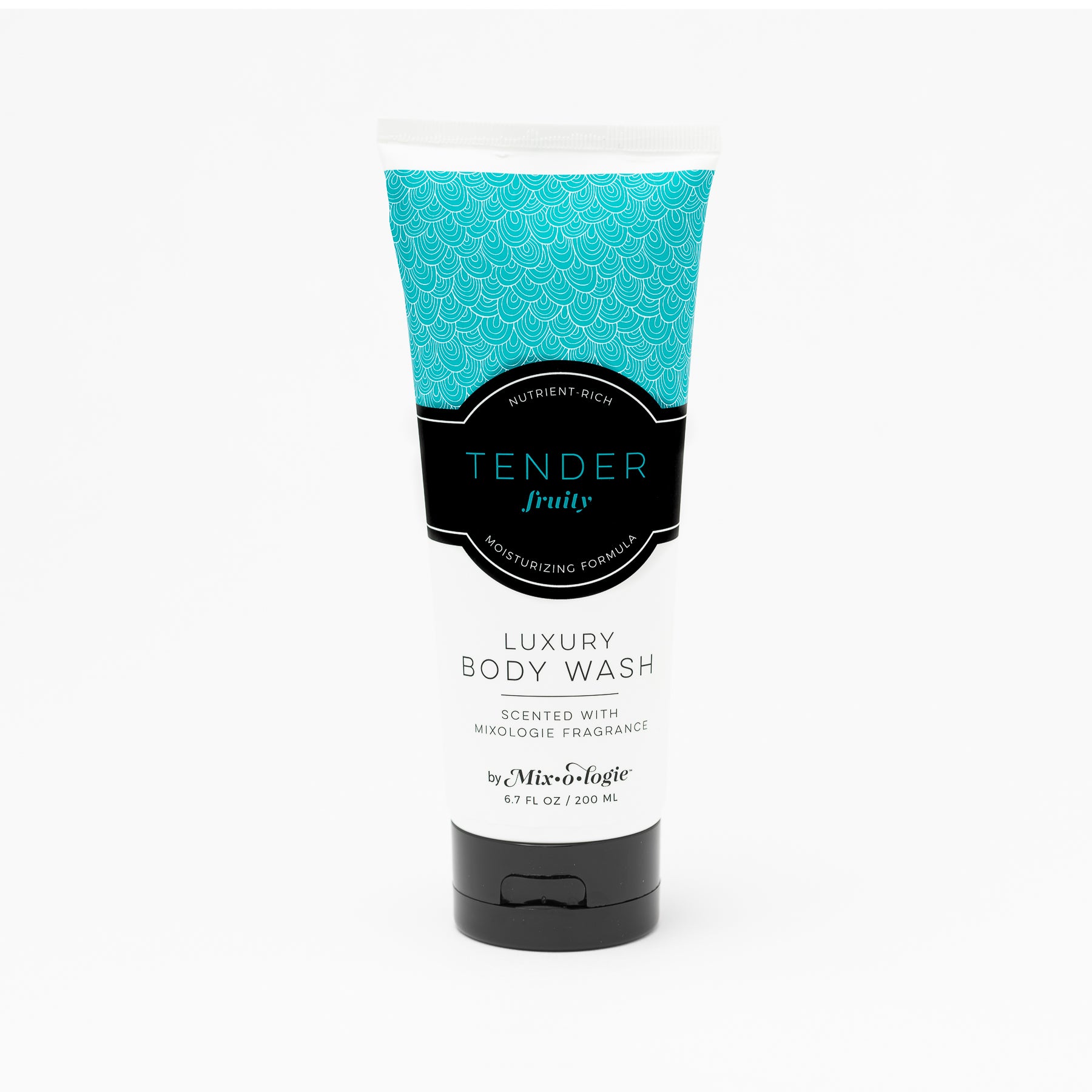 Luxury Body Wash in Mixologie’s Tender (Fruity) in bright blue color sample package with black label. Contains 6.7 fl oz or 200 mL pictured on a white background. 