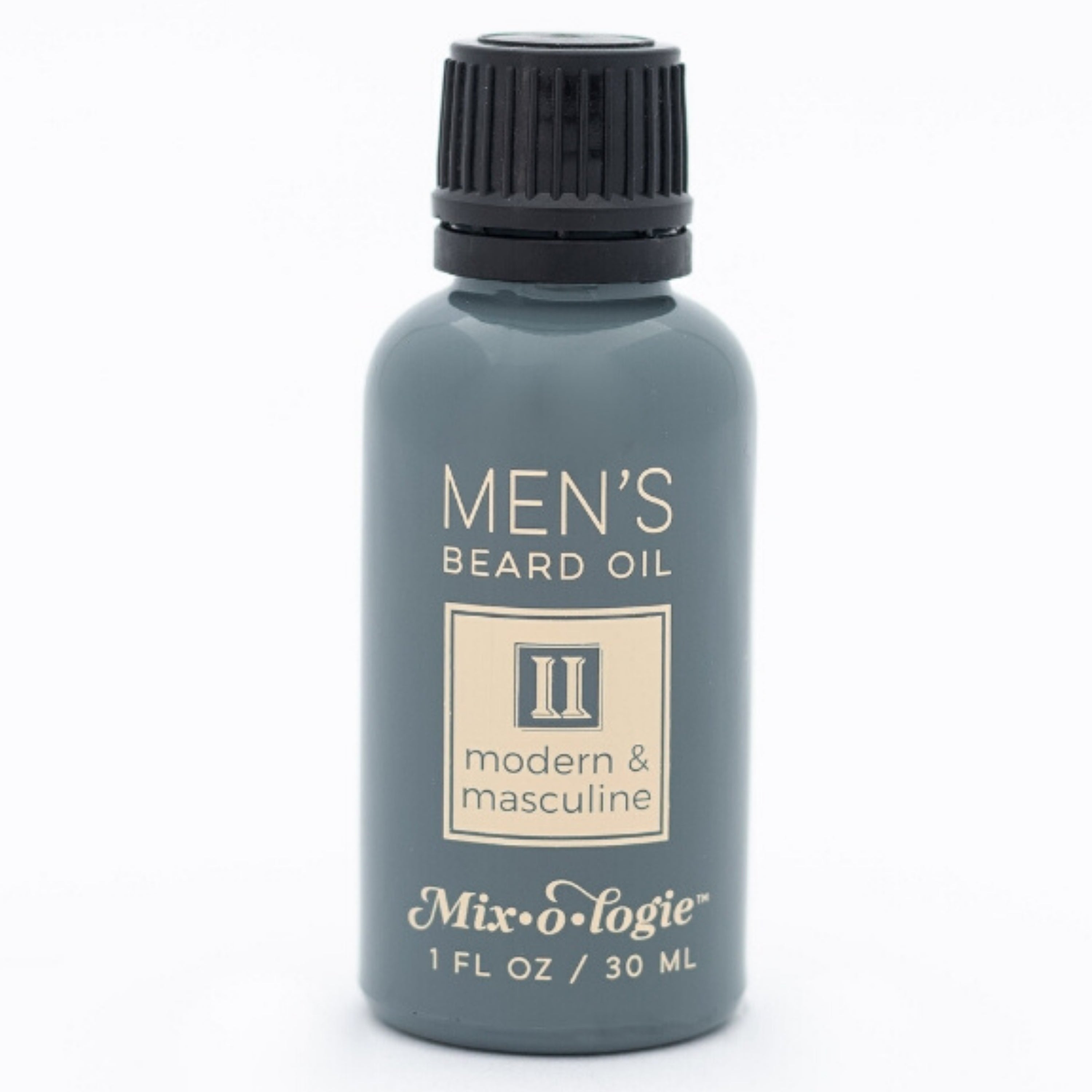 Men’s Beard Oil in Men’s II (Modern & Masculine) in a black and grey tube with yellow accents. 1 fl oz or 30 mL. Pictured on white background.