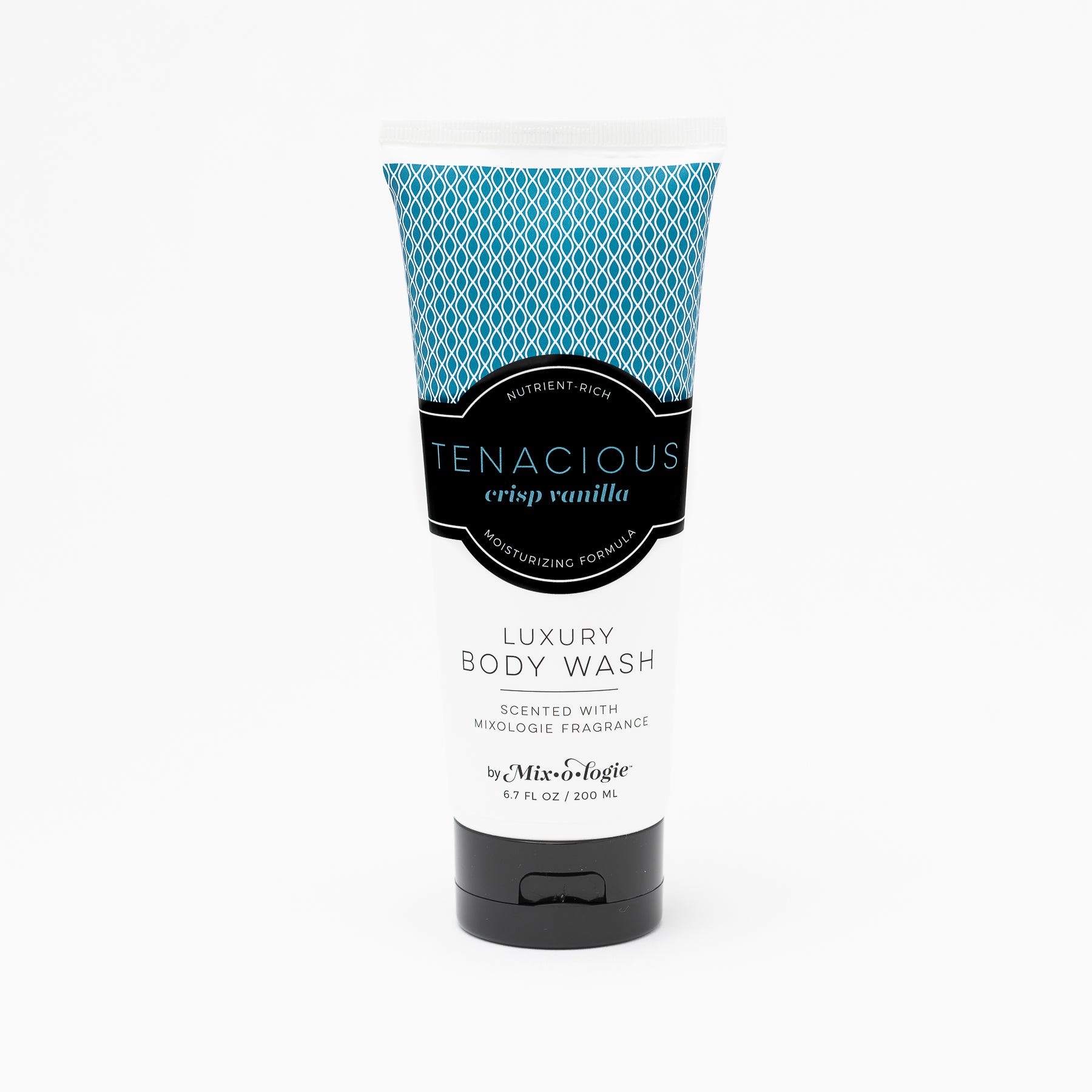 Luxury Body Wash in Mixologie’s Tenacious (Crisp Vanilla) in blue color sample package with black label. Contains 6.7 fl oz or 200 mL pictured on a white background. 