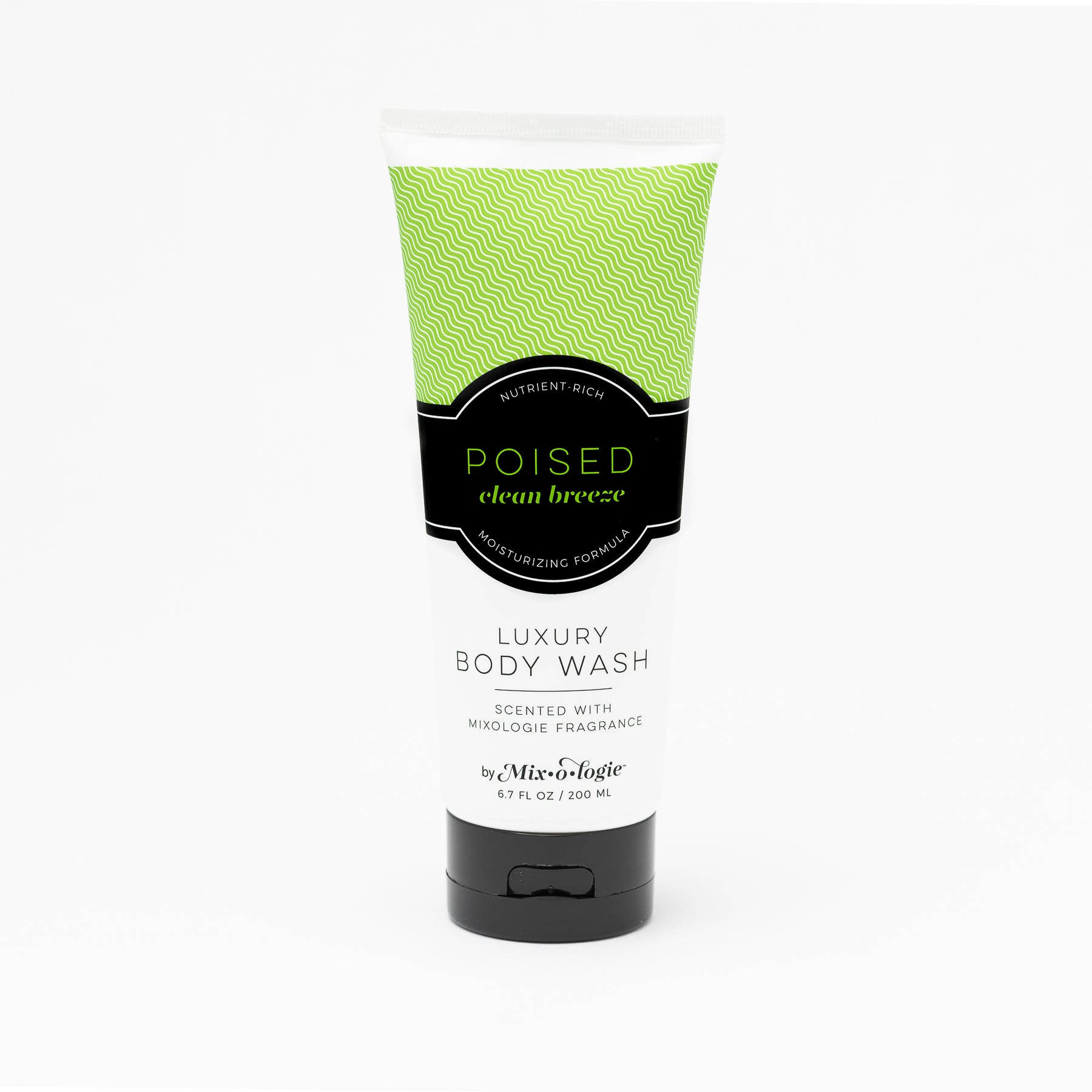Luxury Body Wash of Poised (Clean Breeze) in light green pattern package and black label with white background.