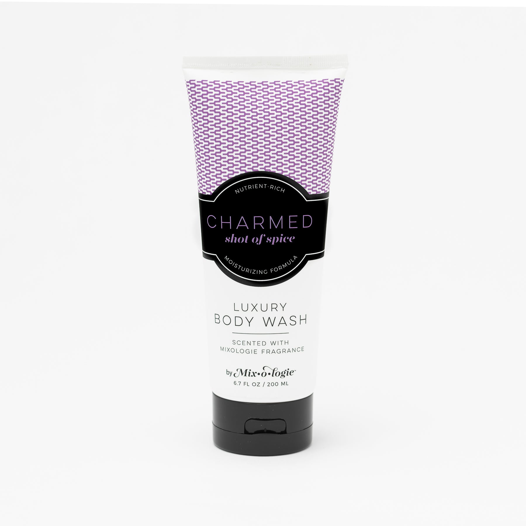 Luxury Body Wash in Mixologie’s Chamred (Shot of Spice) in purple color sample package with black label. Contains 6.7 fl oz or 200 mL pictured on a white background. 