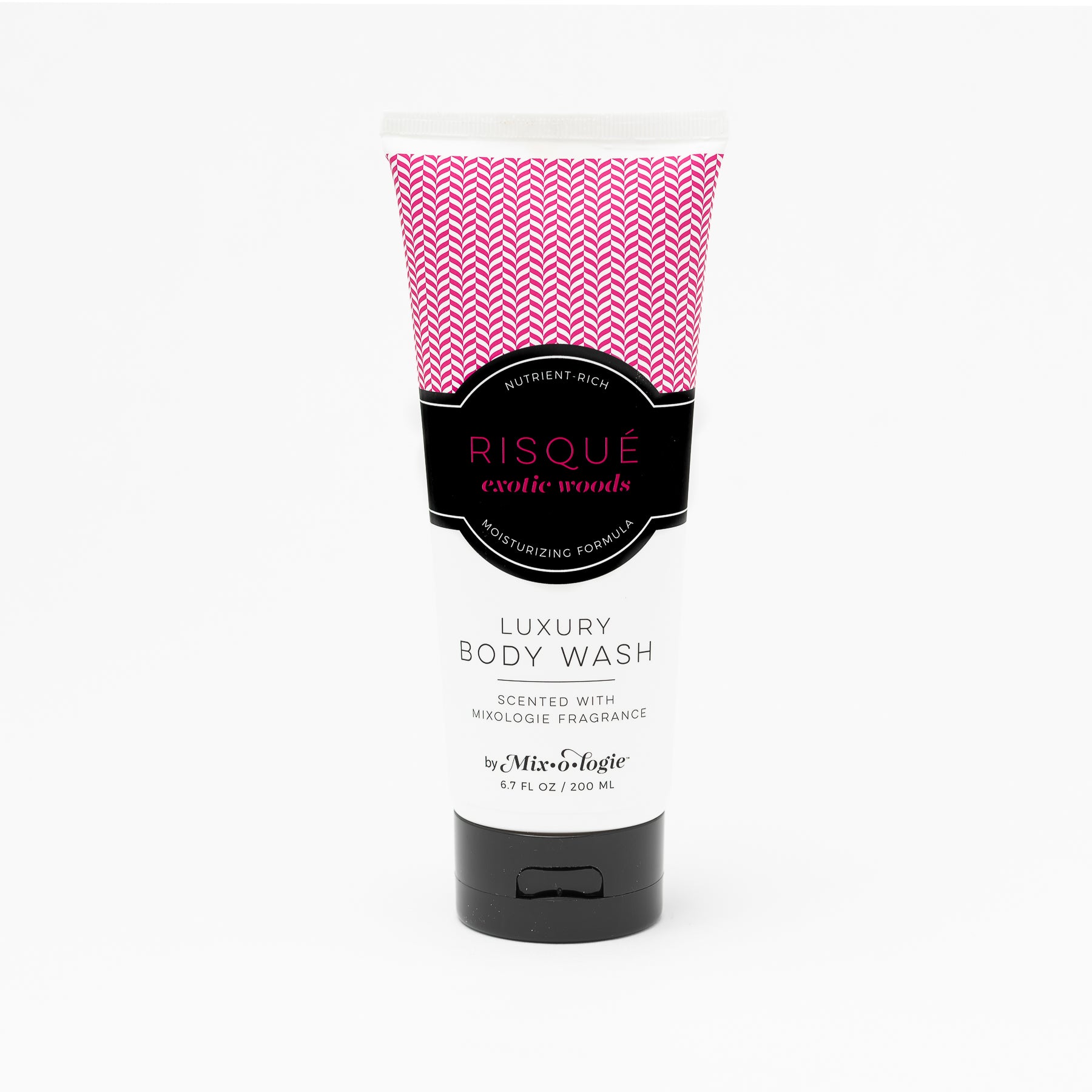 Luxury Body Wash in Risqué (Exotic Woods) in dark pink pattern package and black label with white background.