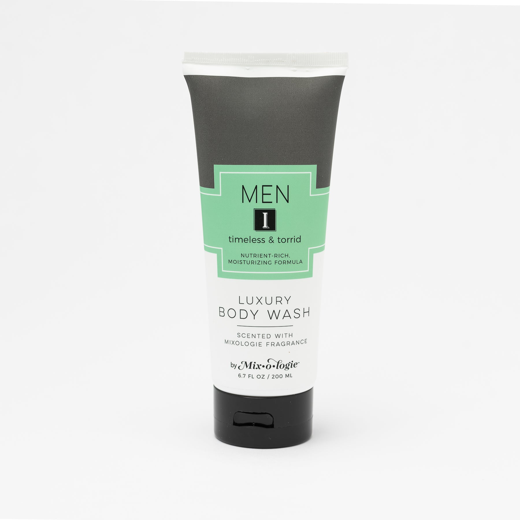 Luxury Body Wash in Mixologie’s Men’s I (Timeless & Torrid) in pale green color sample package with black label. Contains 6.7 fl oz or 200 mL pictured on a white background. 