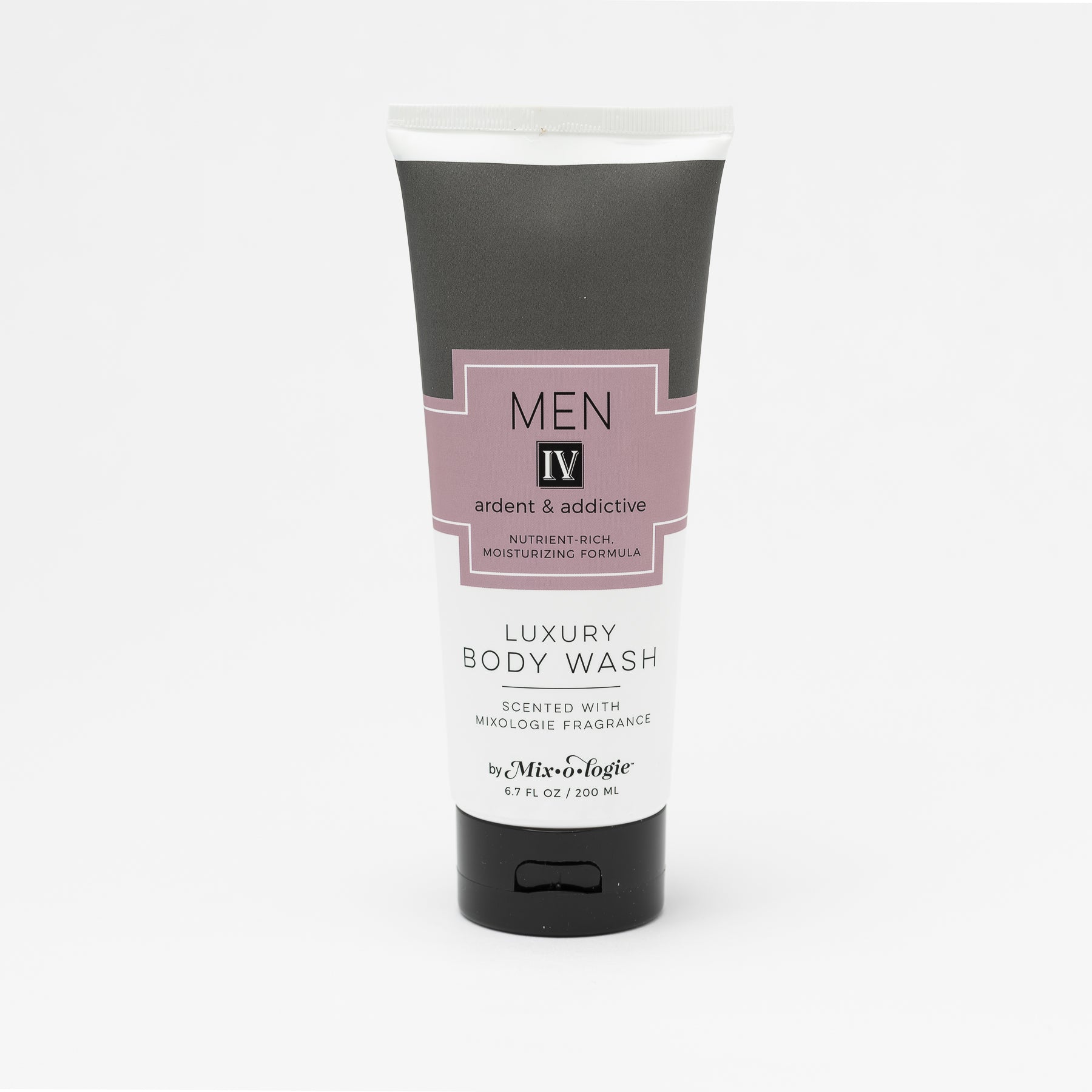 Luxury Body Wash in Men IV (Ardent & Addictive) in grey color package with salmon colored label in white background.