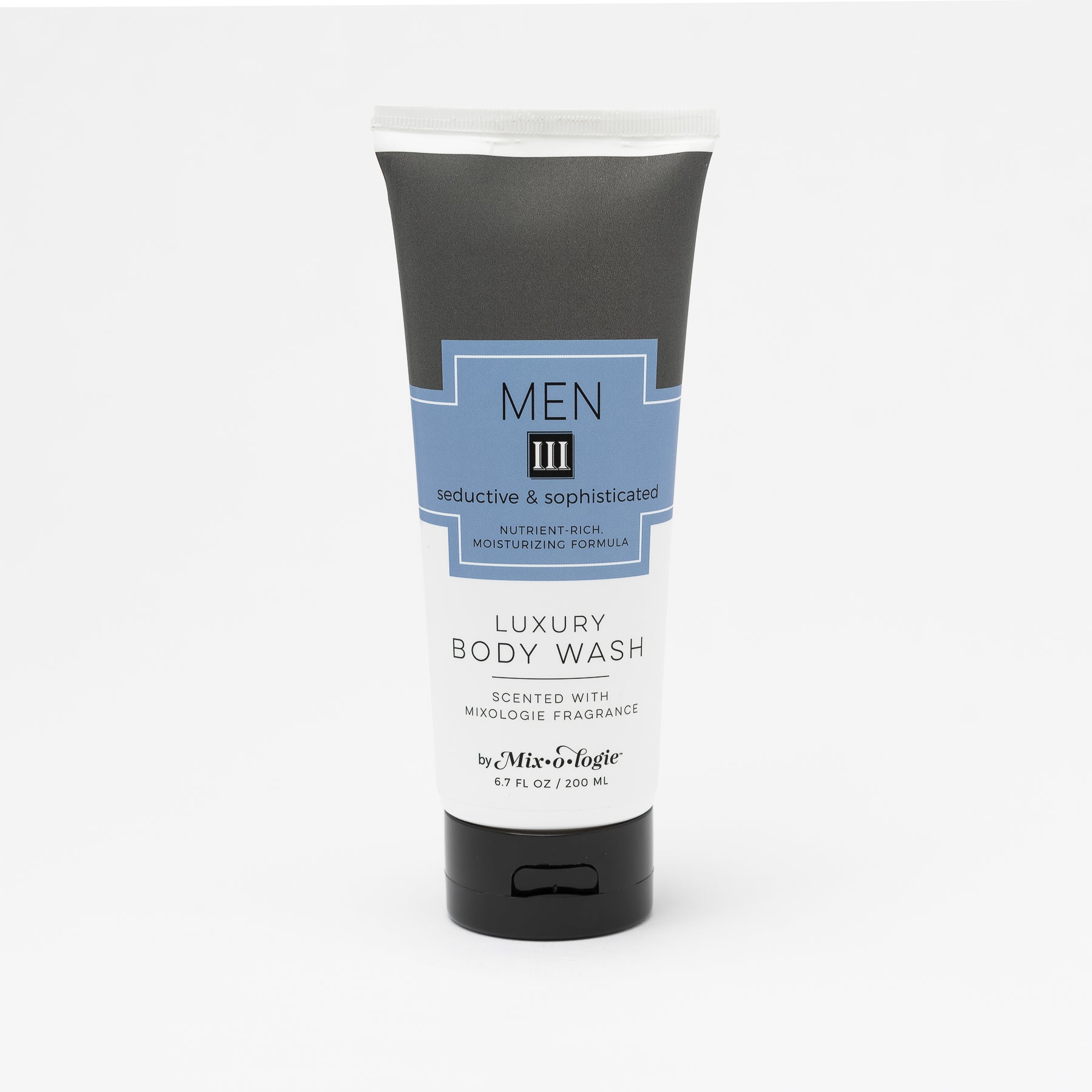 Luxury Body Wash in Men III (Seductive & Sophisticated) in grey color package with blue label in white background.