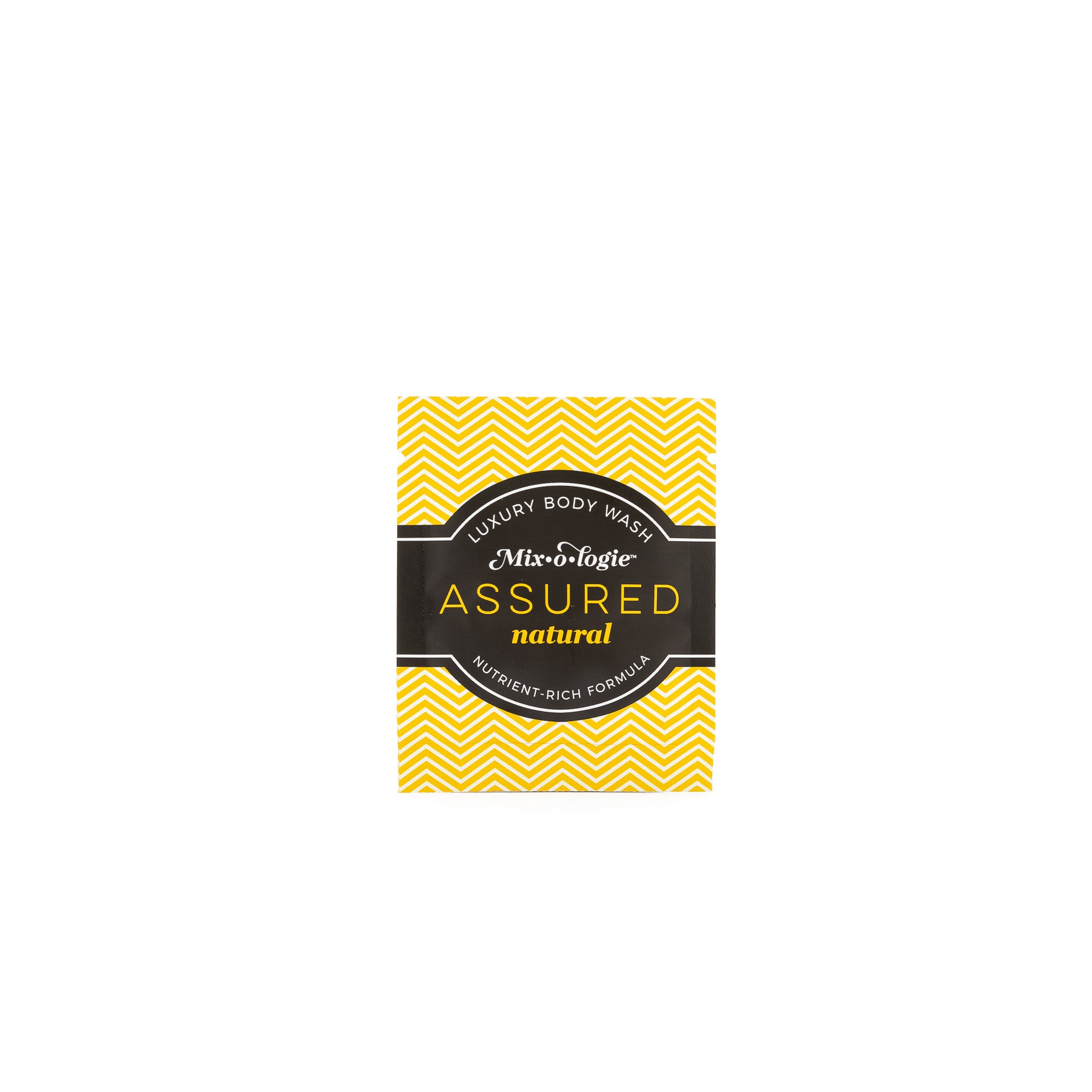 Luxury Body Wash Sample of Assured (Natural) in mustard color sample package with mustard chevron pattern and black label in white background.