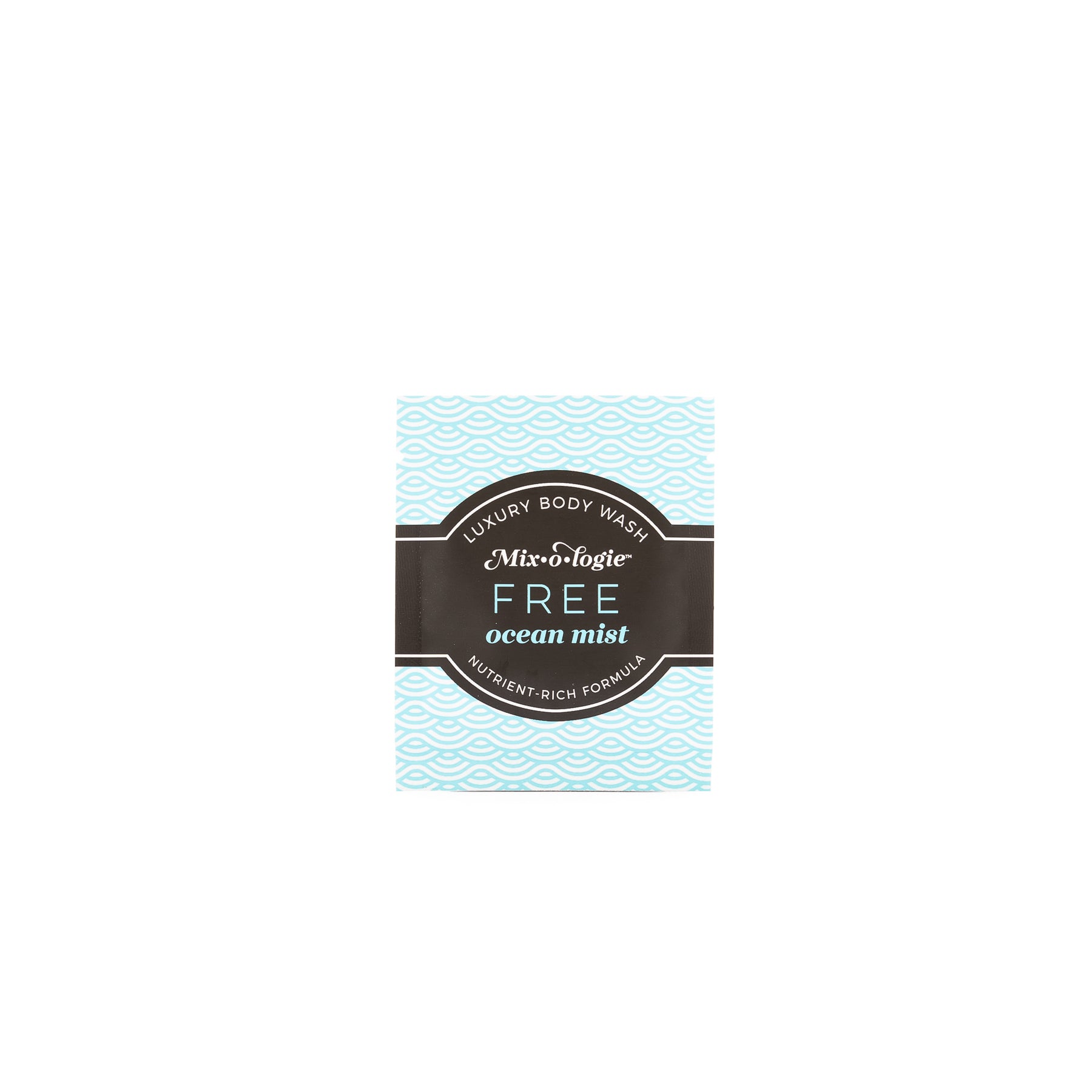 Luxury Body Wash Sample of Free (Ocean Mist) in light blue pattern with black label on white background.