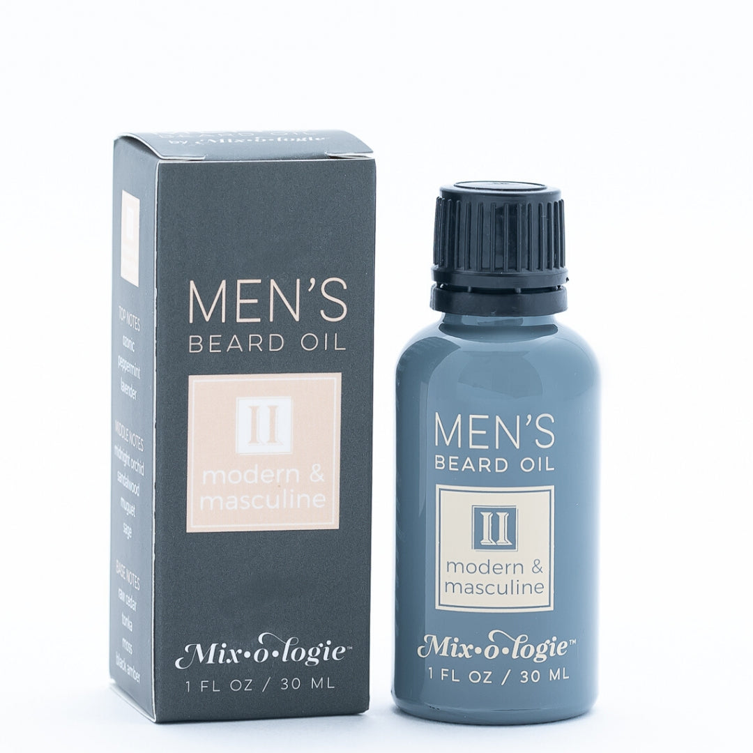 Men’s Beard Oil in Men’s II (Modern & Masculine) in a black and grey tube with yellow accents. 1 fl oz or 30 mL. Pictured on white background