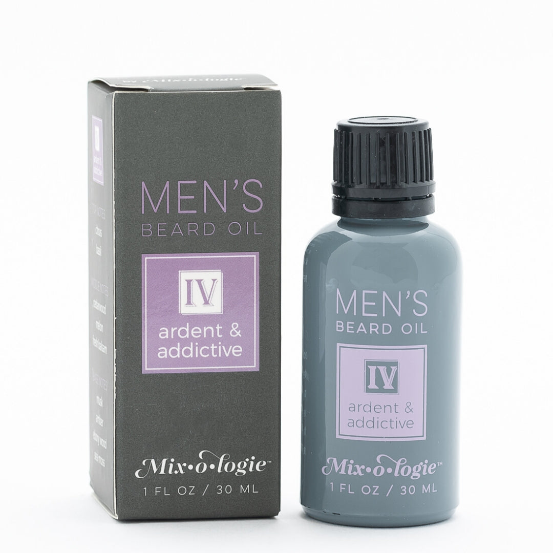 Men’s Beard Oil in Men’s IV (Ardent & Addictive) in a black and grey bottle with salmon-colored accents. 1 fl oz or 30 mL. Pictured on white background.