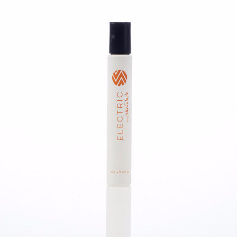 Electric (Cirtus Twist) white cylinder rollerball with orange color lettering. Rollerball has 0.17 fl oz or 5 mL. Rollerball pictured with white background. 
