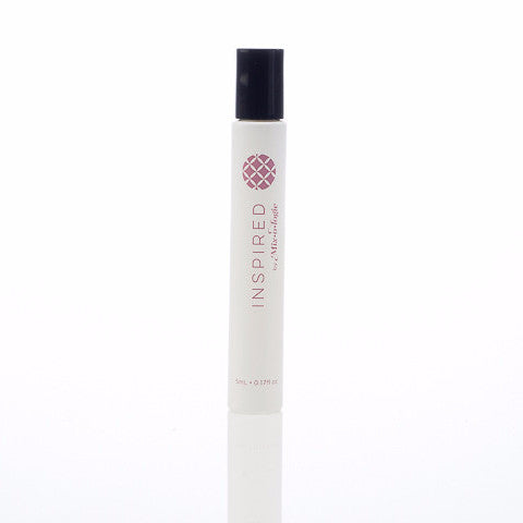 Inspired (Rose Floral) white cylinder rollerball with pale pink color lettering with black box and pale pink color lettering. Rollerball has 0.17 fl oz or 5 mL. Rollerball pictured on white background.