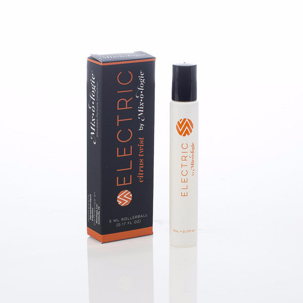 Electric (Citrus Twist) white cylinder rollerball with orange color lettering with black box and orange color lettering. Rollerball has 0.17 fl oz or 5 mL. Rollerball and rollerball box pictured on white background.  