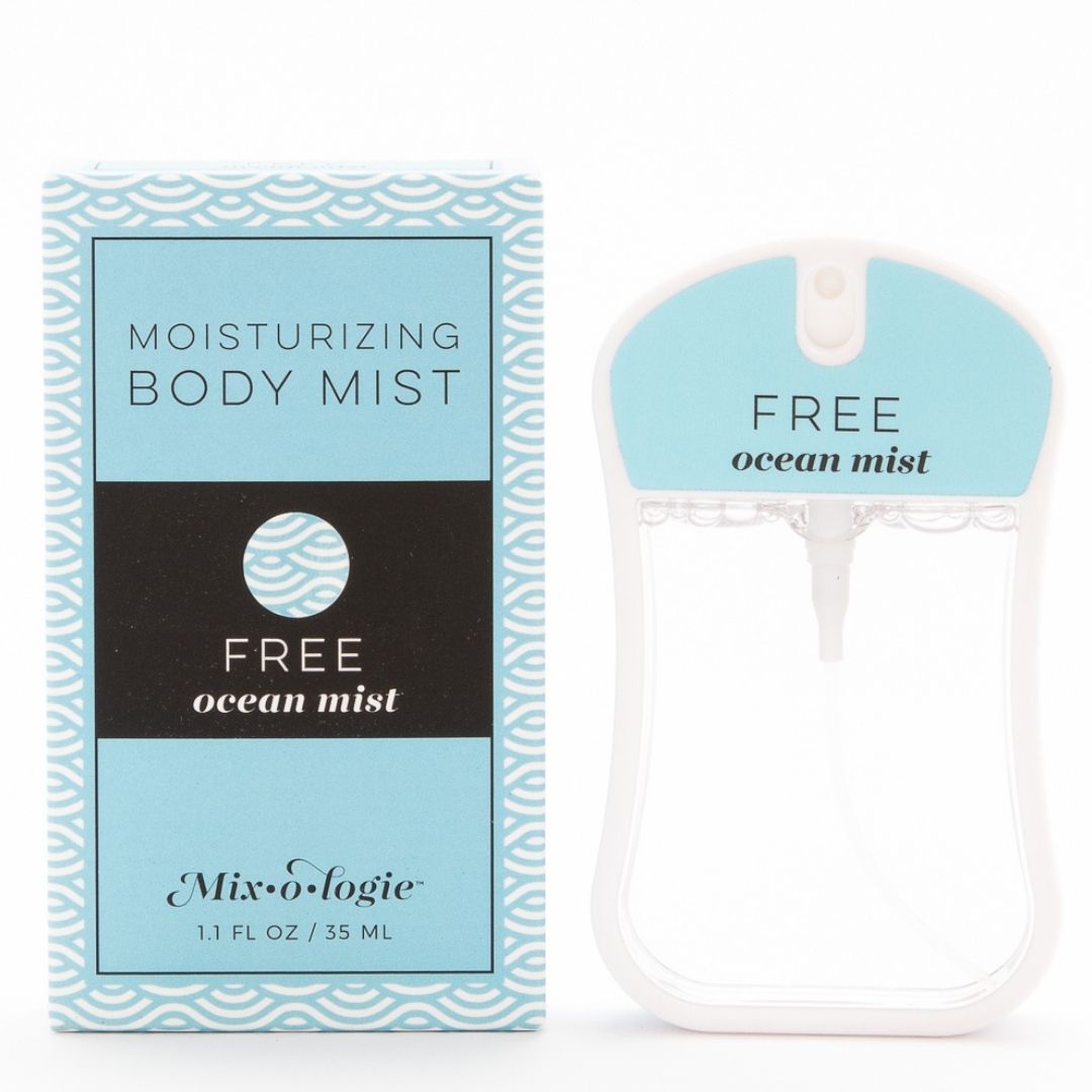 Free (Ocean mist) Moisturizing Body Mist in light blue color box and rounded rectangle spray bottle with light blue color label and clear liquid. Spray bottle has 1.1 fl oz or 35 mL. Spray bottle and box pictured on a white background.