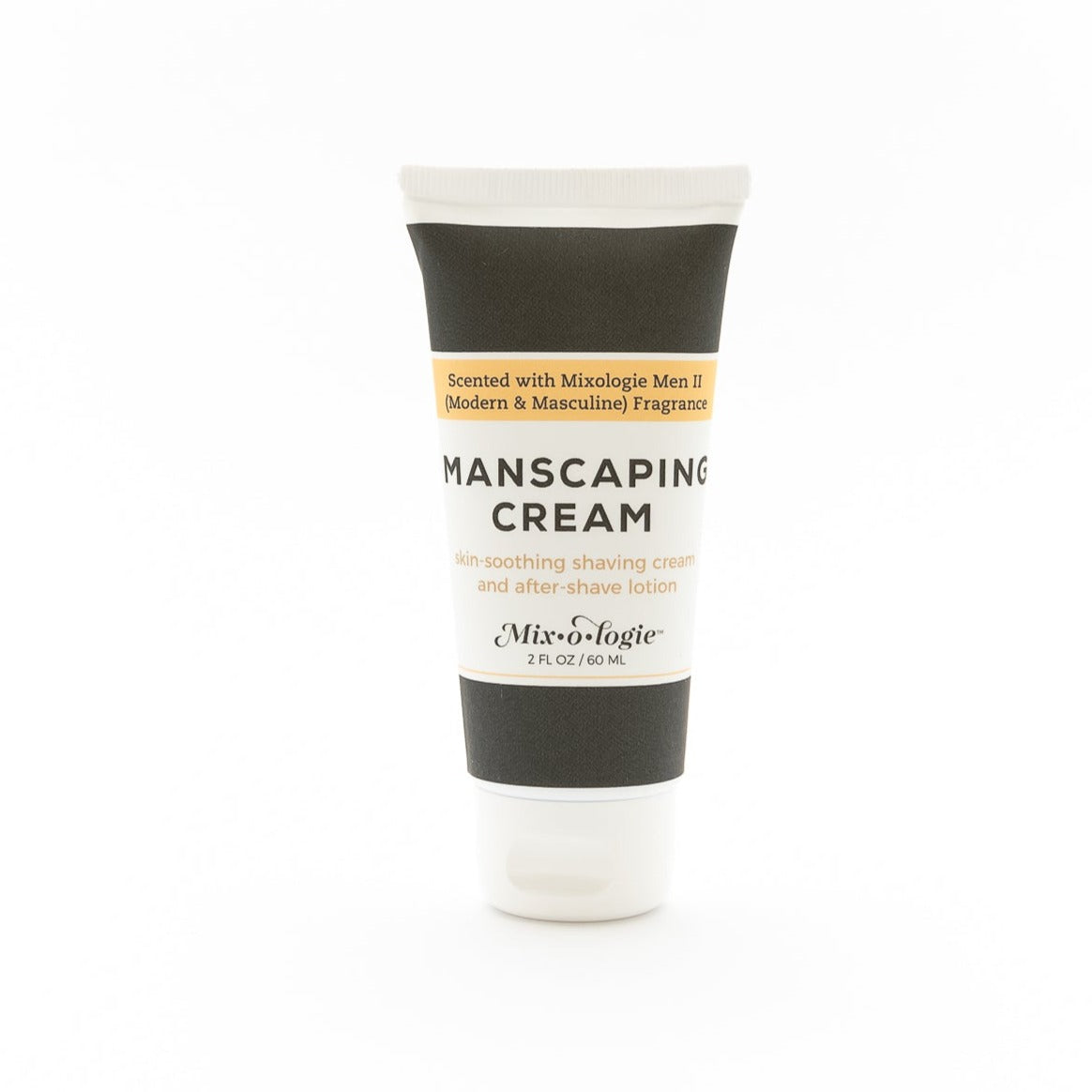 Men’s Manscaping Cream in Men’s II (Modern & Masculine) in a black and white tube with yellow accents. Skin-soothing shaving cream and after-shave lotion. 2 fl oz or 60 mL. Pictured on a white background.