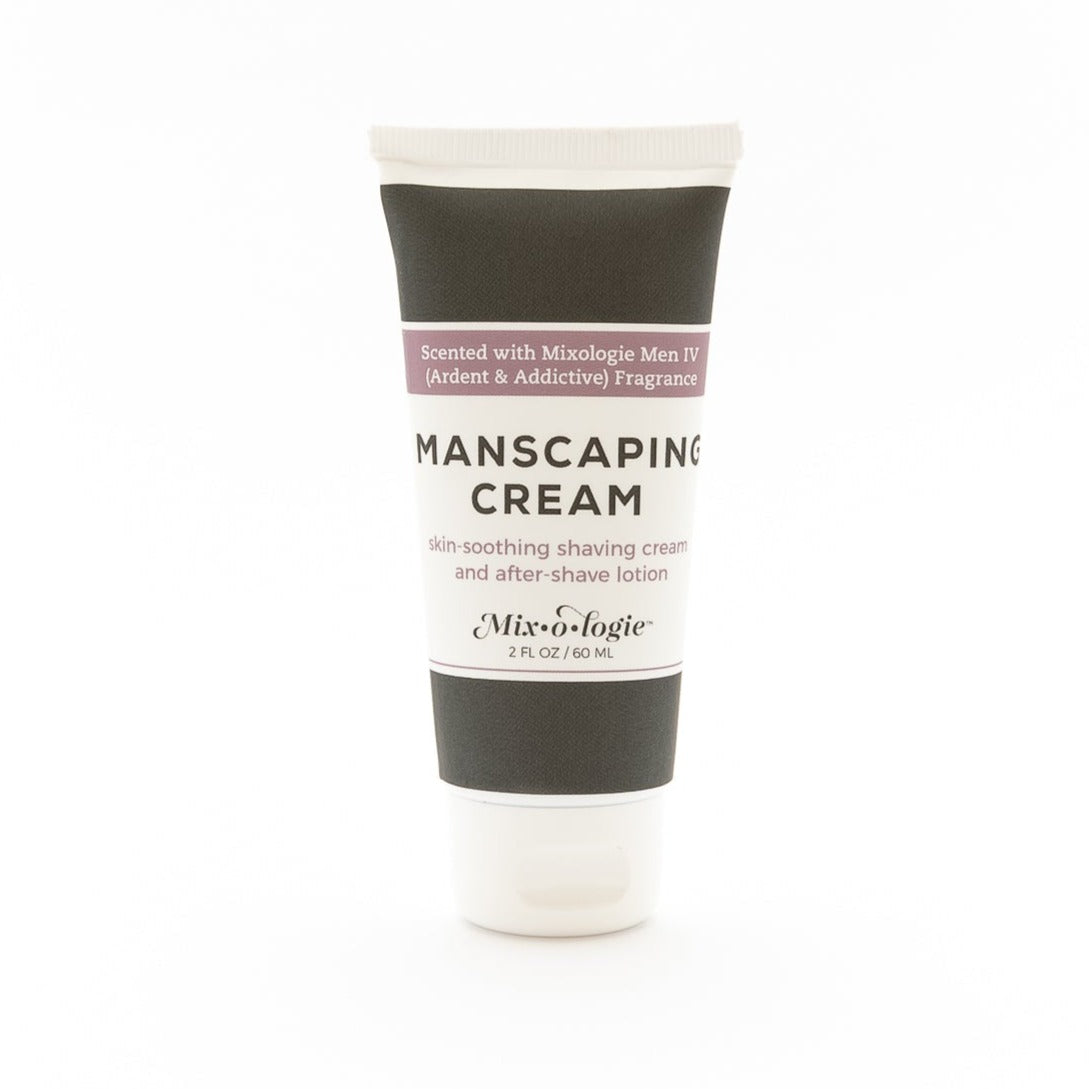 Men’s Manscaping Cream in Men’s IV (Ardent & Addictive) in a black and white tube with salmon colored accents. Skin-soothing shaving cream and after-shave lotion. 2 fl oz or 60 mL. Pictured on white background.