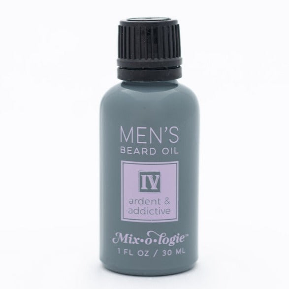Men’s Beard Oil in Men’s IV (Ardent & Addictive) in a black and grey bottle with salmon-colored accents. 1 fl oz or 30 mL. Pictured on white background.