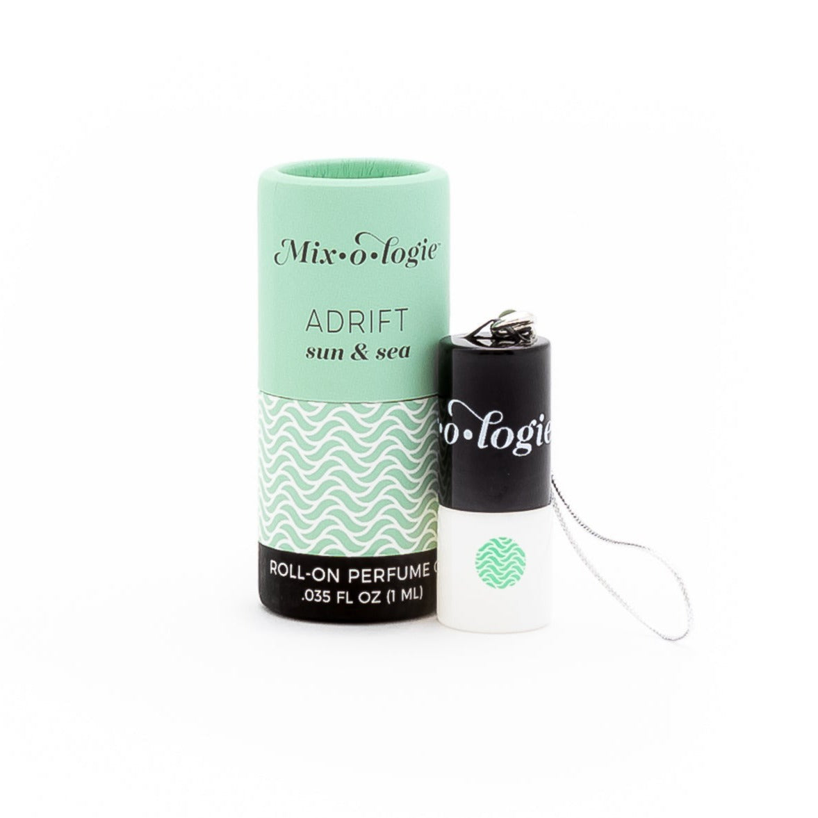 Adrift (Sun & Sea) mini white cylinder rollerballs with black top and keychain attachment with light green Adrift pattern has .035 fl oz or 1 mL. Light green cylinder packing tube. Mini rollerball and cylinder tube are on a white background