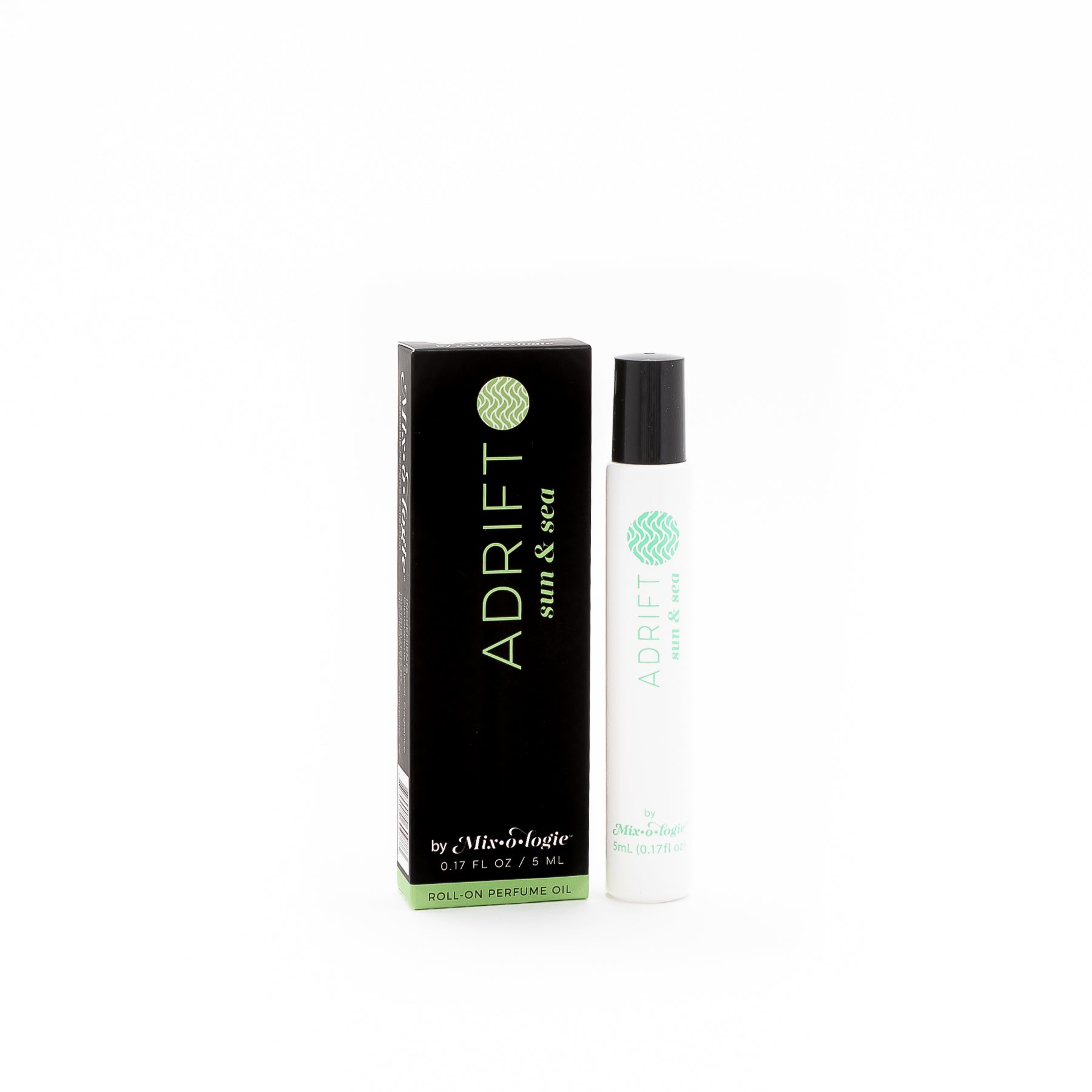 Adrift (Sun & Sea) White cylinder rollerball with light green color lettering with black box and light green color lettering. Rollerball has 0.17 fl oz or 5 mL. Rollerball and rollerball box are on white background 