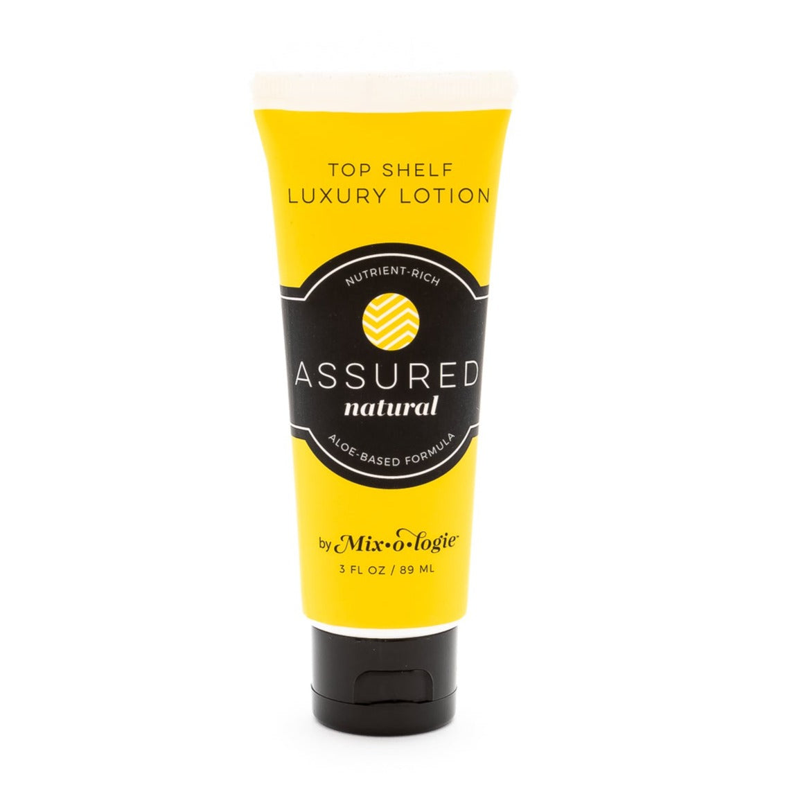 Assured (Natural) Top Shelf Lotion in mustard tube with black lid and label. Nutrient rich, aloe-based formula, tube has 5 fl oz or 89 mL. Pictured with white background.