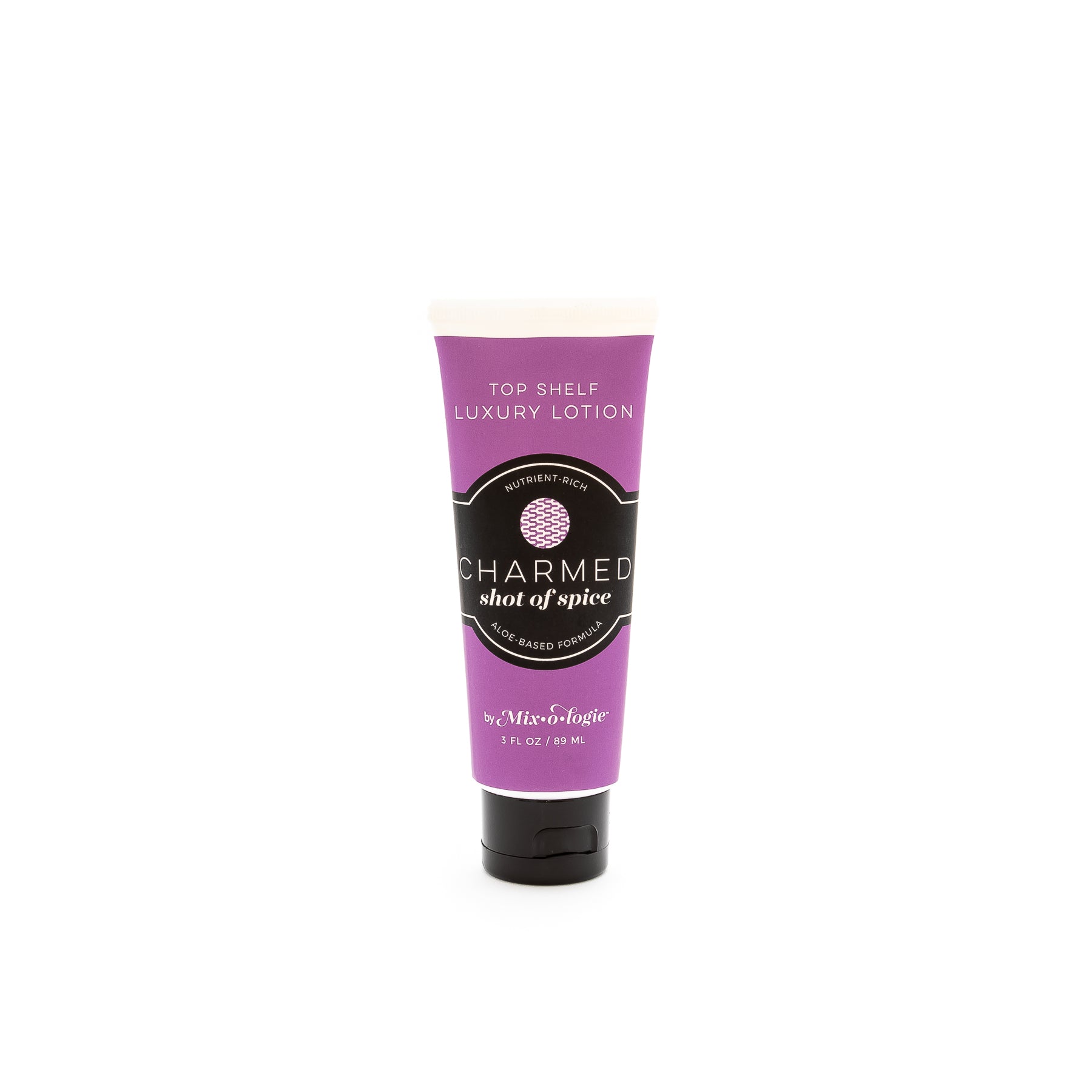 Charmed (Shot of Spice) Top Shelf Lotion in dark purple tube with black lid and label. Nutrient rich, aloe-based formula, tube has 5 fl oz or 89 mL. Pictured with white background.
