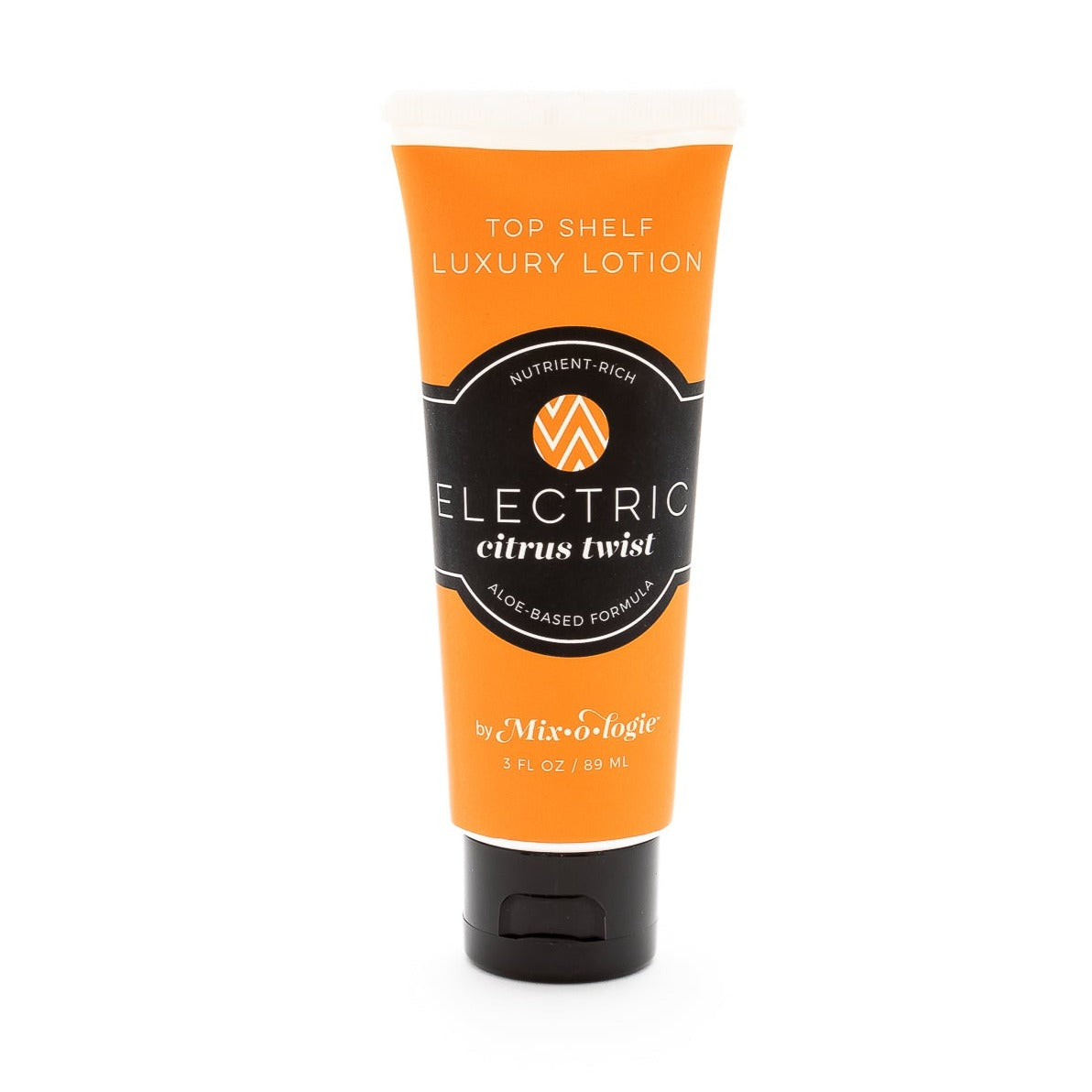 Electric (Citrus Twist) Top Shelf Lotion in orange tube with black lid and label. Nutrient rich, aloe-based formula, tube has 5 fl oz or 89 mL. Pictured with white background.