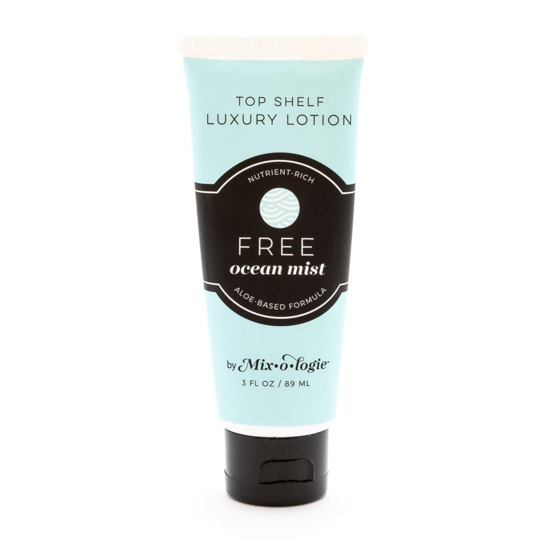 Free (Ocean Mist) Top Shelf Lotion in pale blue tube with black lid and label. Nutrient rich, aloe-based formula, tube has 5 fl oz or 89 mL. Pictured with white background.