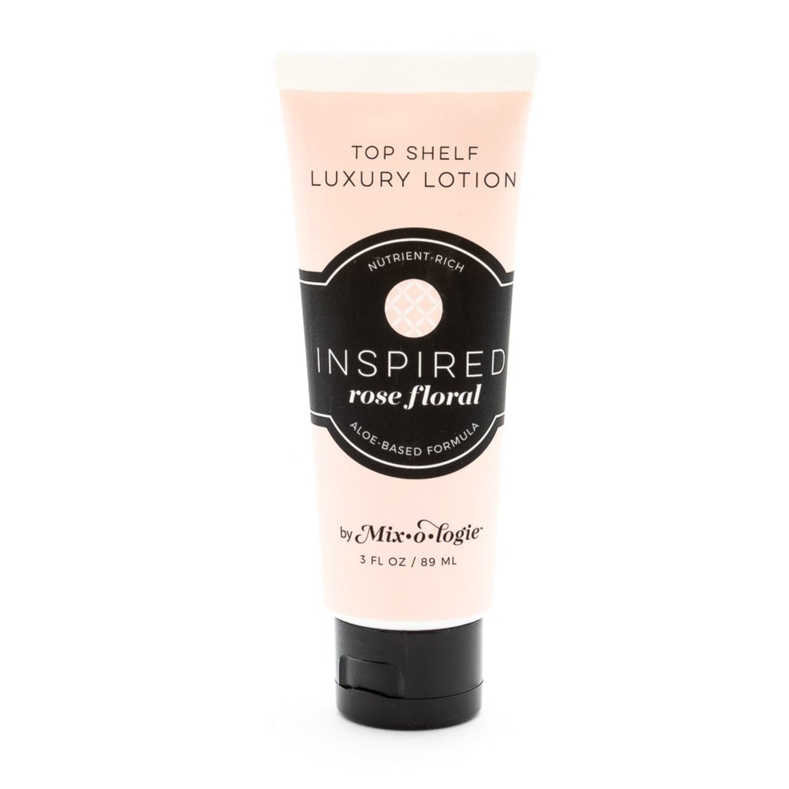 Inspired (Rose Floral) Top Shelf Lotion in pale pink tube with black lid and label. Nutrient rich, aloe-based formula, tube has 5 fl oz or 89 mL. Pictured with white background,.